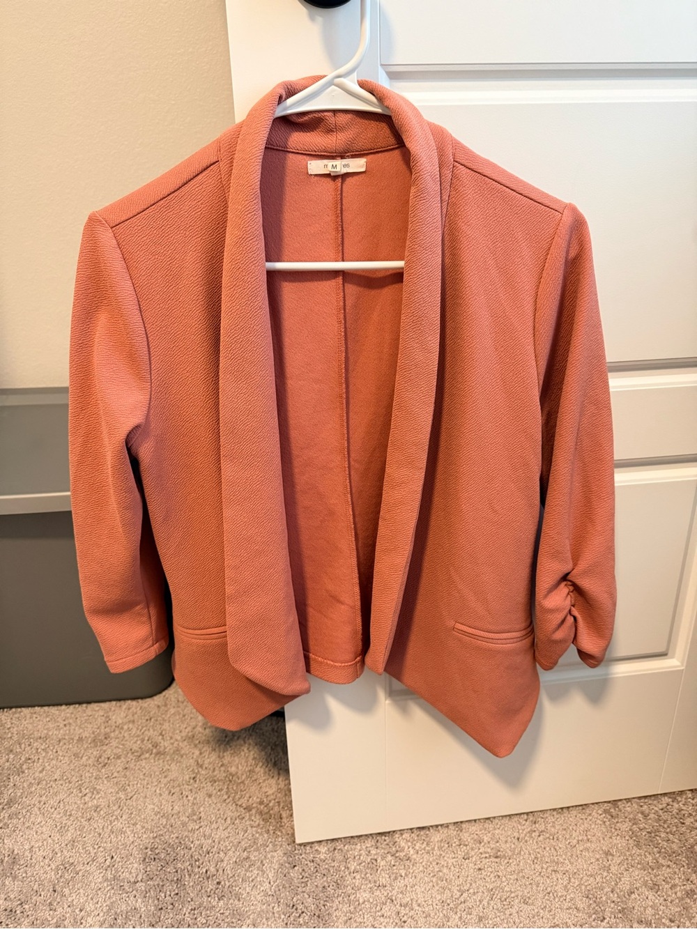 Blush Coral Open Front Textured Blazer